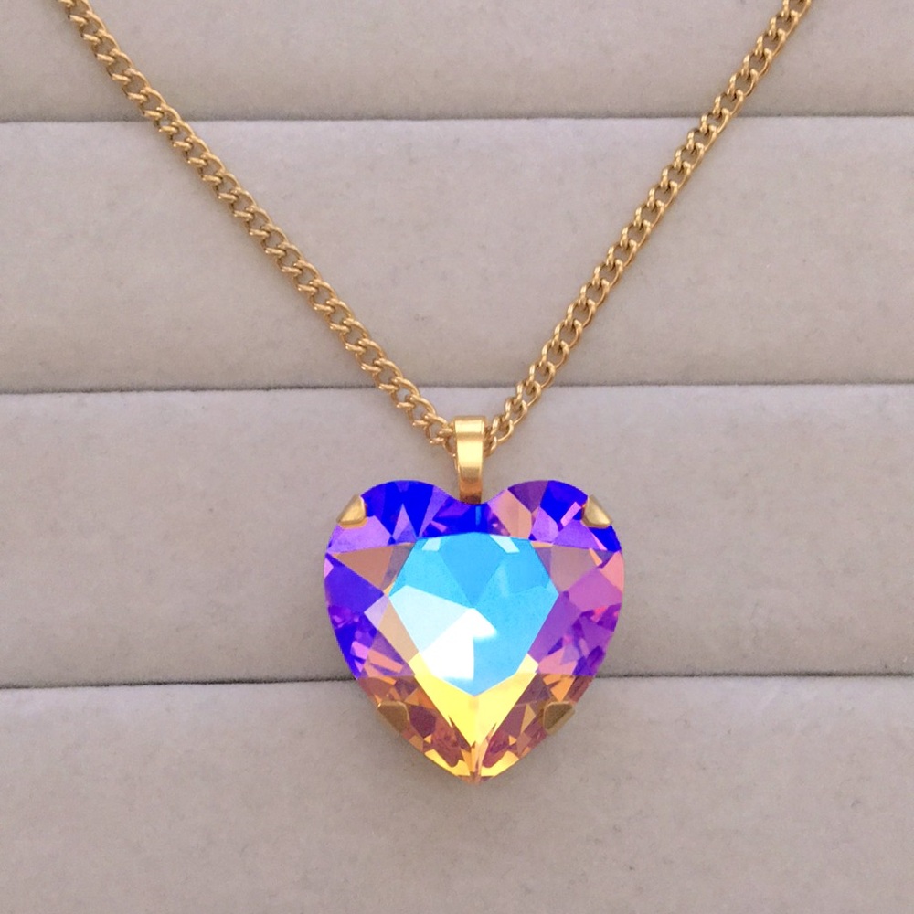 Iridescent Topaz Pink Rose Aurora Borealis + Gold Crystal Heart Drop Necklace